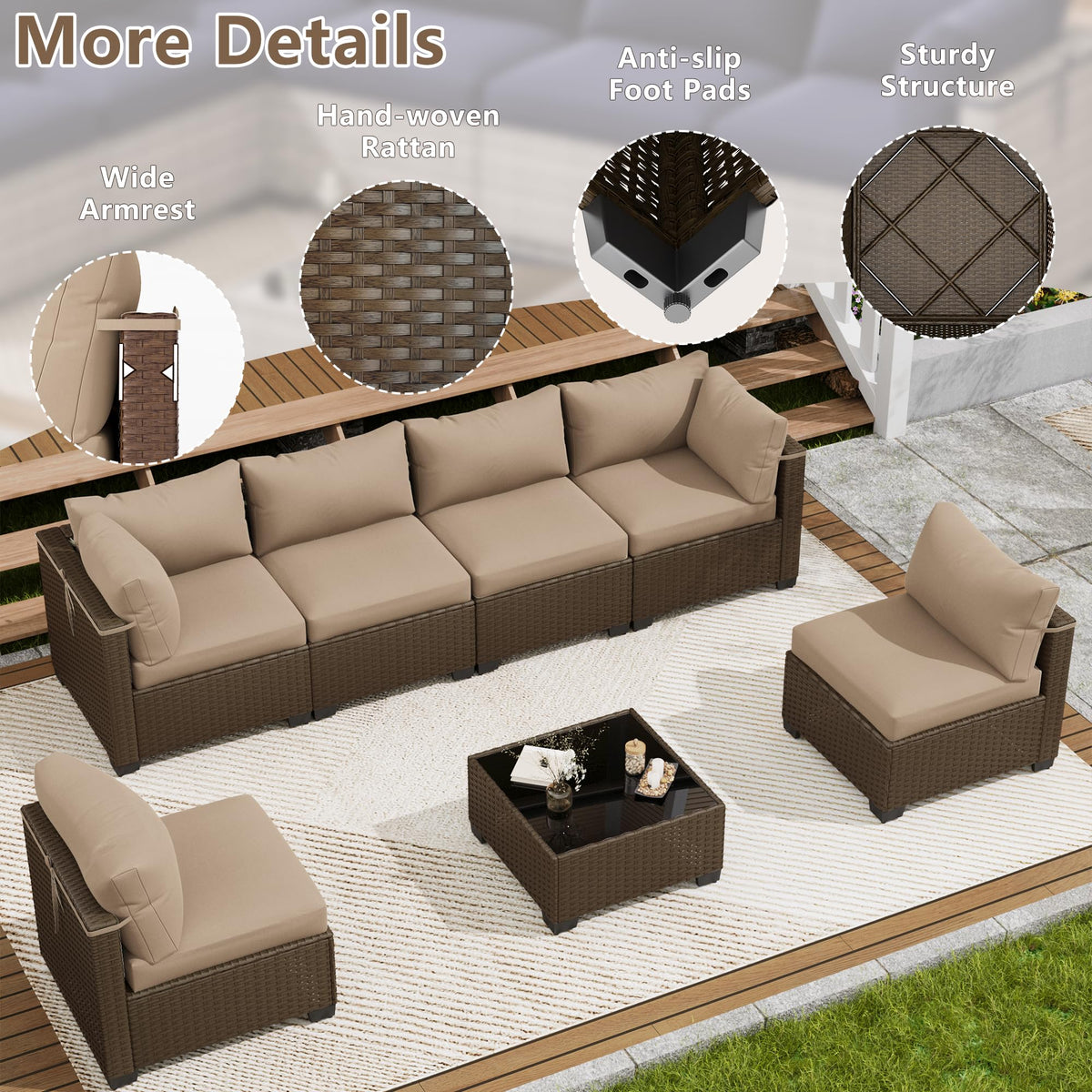 LOUVIXA 7 Piece Outdoor Patio Furniture Set, Rattan Chairs Glass Table Wicker Conversation Seating Sectional Sofa with Cushions (Brown-Camel, 7Pcs-2 Layer Coffee Table)