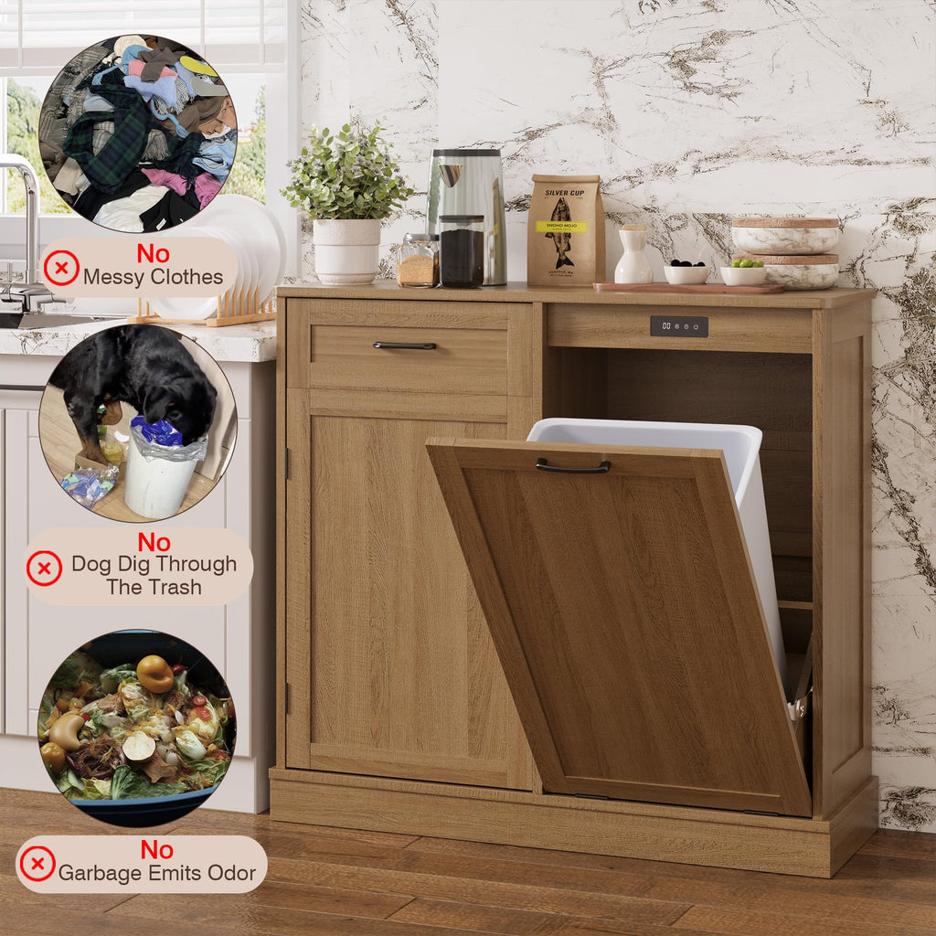LOUVIXA Double Tilt Out Trash Cabinet, Kitchen Island with Trash Storage, Trashcan Cabinet for Kitchens, Wood Cabinet with Trash Can Pull Out, Dog Proof Trash Can (Off White, 20 Gal)