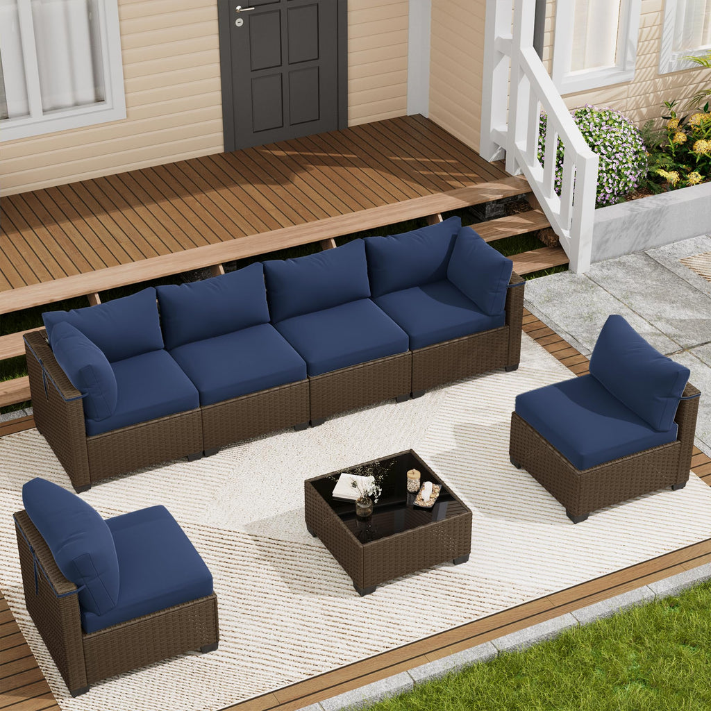 LOUVIXA 7 Piece Outdoor Patio Furniture Set, Rattan Chairs Glass Table Wicker Conversation Seating Sectional Sofa with Cushions (Brown-Camel, 7Pcs-2 Layer Coffee Table)
