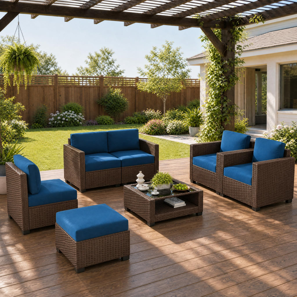 LOUVIXA 7 Piece Outdoor Patio Furniture Set, Rattan Chairs Glass Table Wicker Conversation Seating Sectional Sofa with Cushions (Brown-Camel, 7Pcs-2 Layer Coffee Table)