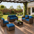 LOUVIXA 7 Piece Outdoor Patio Furniture Set, Rattan Chairs Glass Table Wicker Conversation Seating Sectional Sofa with Cushions (Brown-Camel, 7Pcs-2 Layer Coffee Table)
