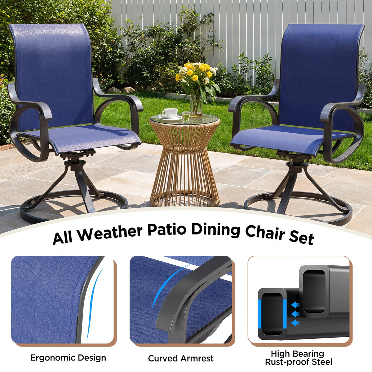 LOUVIXA Patio Swivel Chair Set of 8, All-Weather Patio Swivel Rocking Chair, High Back Patio Dining Chairs for Backyard, Porch, Lawn, Garden(8, Navy Blue)
