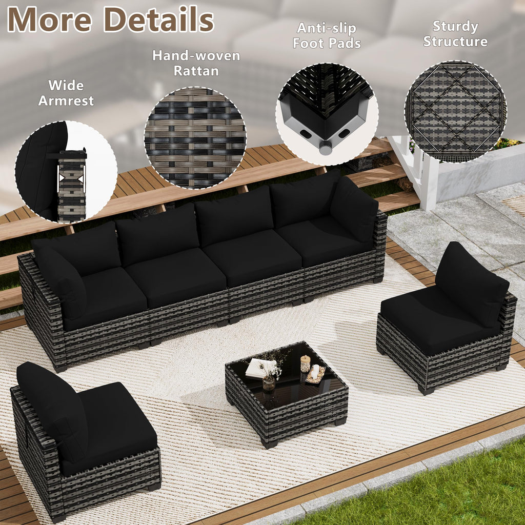 LOUVIXA 7 Piece Outdoor Patio Furniture Set, Rattan Chairs Glass Table Wicker Conversation Seating Sectional Sofa with Cushions (Brown-Camel, 7Pcs-2 Layer Coffee Table)