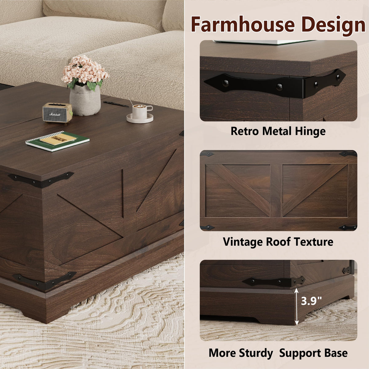 LOUVIXA Farmhouse Lift Top Coffee Table with Hidden Storage Compartment