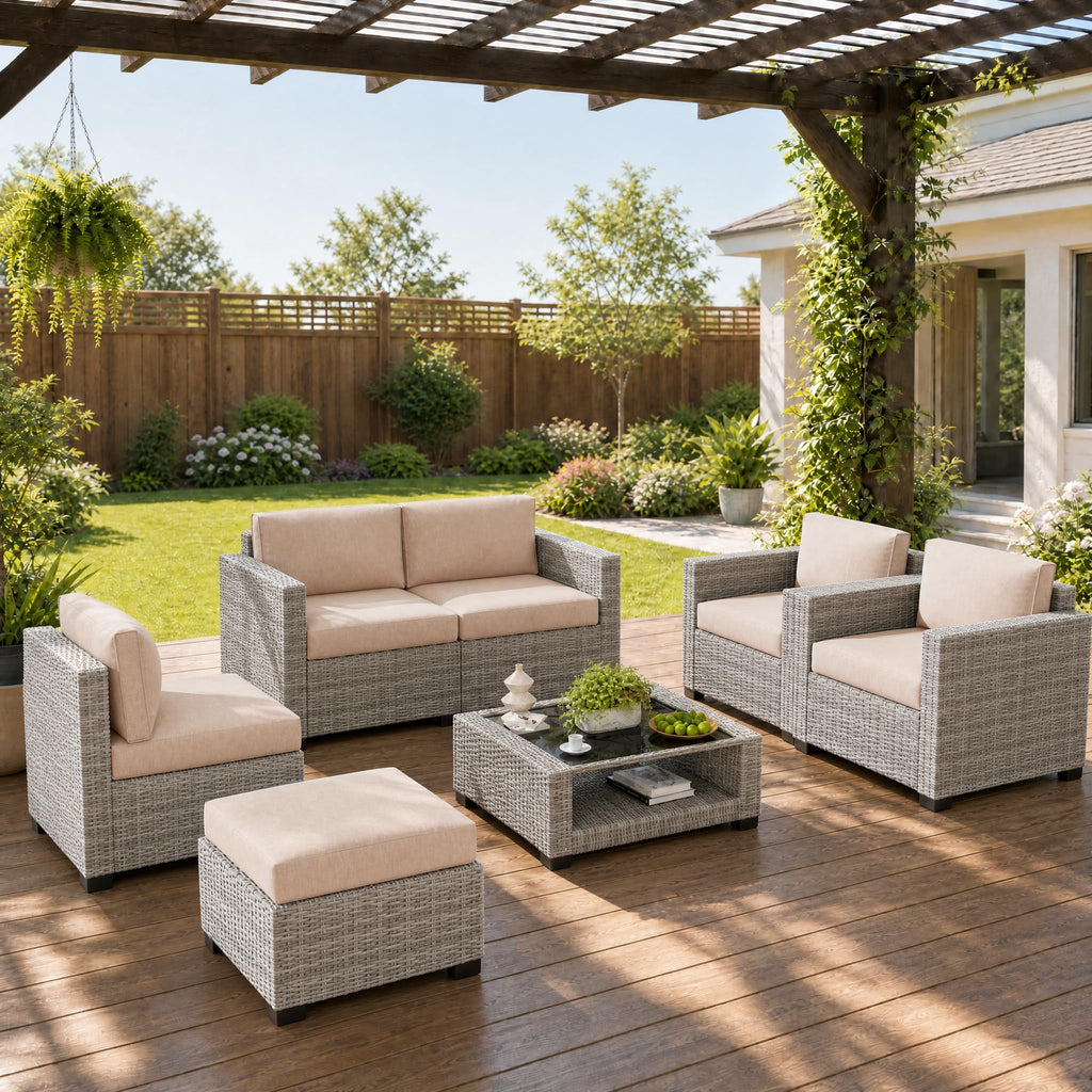 LOUVIXA 7 Piece Outdoor Patio Furniture Set, Rattan Chairs Glass Table Wicker Conversation Seating Sectional Sofa with Cushions (Brown-Camel, 7Pcs-2 Layer Coffee Table)