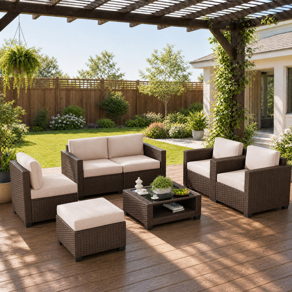 LOUVIXA 7 Piece Outdoor Patio Furniture Set, Rattan Chairs Glass Table Wicker Conversation Seating Sectional Sofa with Cushions (Brown-Camel, 7Pcs-2 Layer Coffee Table)