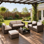 LOUVIXA 7 Piece Outdoor Patio Furniture Set, Rattan Chairs Glass Table Wicker Conversation Seating Sectional Sofa with Cushions (Brown-Camel, 7Pcs-2 Layer Coffee Table)