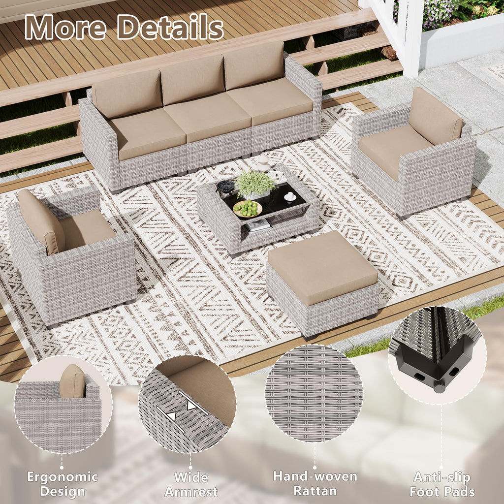 LOUVIXA 7 Piece Outdoor Patio Furniture Set, Rattan Chairs Glass Table Wicker Conversation Seating Sectional Sofa with Cushions (Brown-Camel, 7Pcs-2 Layer Coffee Table)