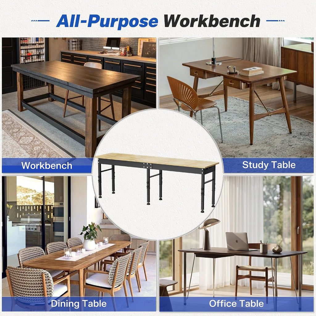 94.5" Heavy Duty Workbench, Height Adjustable Garage Work Table, Workstation Desk with Power Strip2, Workbench with Pegboard, 2000LBS Max Load