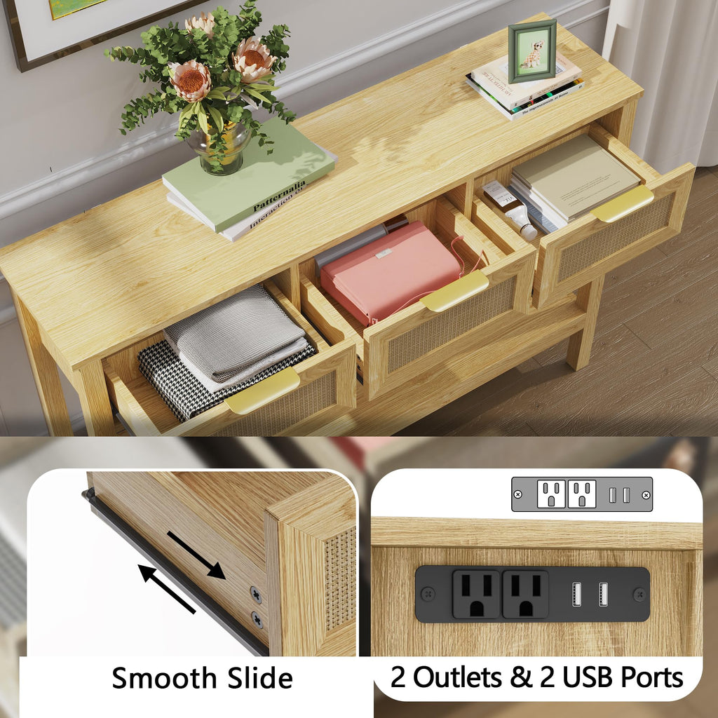 LOUVIXA Boho Entryway Table, Rattan Console Table, Wood Entryway Console, Long Hallway Table with 3 Drawers & Open Shelf for Living Room, Hallway, Corridor, Foyer (White)