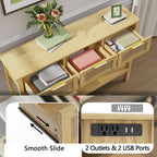 LOUVIXA Boho Entryway Table, Rattan Console Table, Wood Entryway Console, Long Hallway Table with 3 Drawers & Open Shelf for Living Room, Hallway, Corridor, Foyer (White)