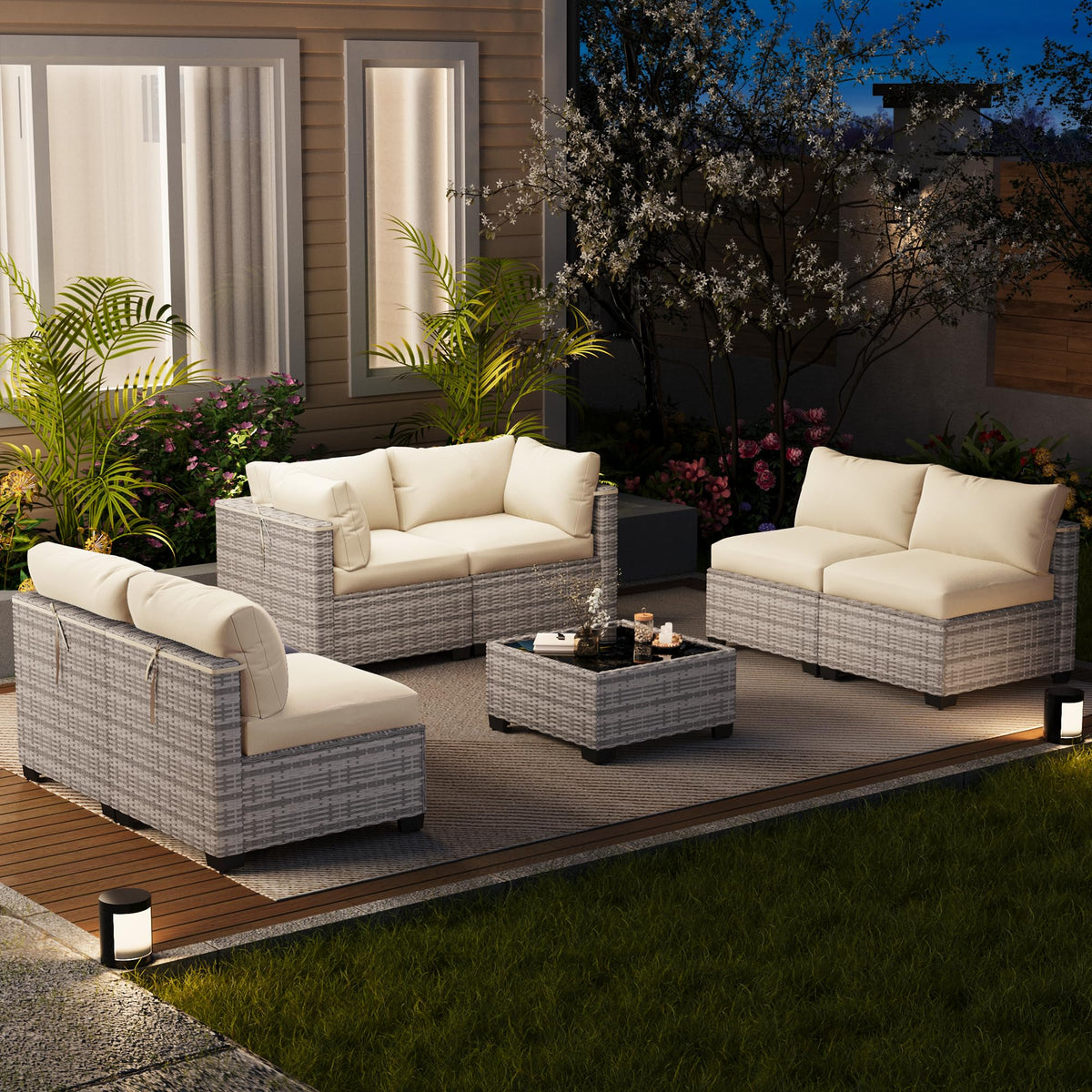 LOUVIXA 7 Piece Outdoor Patio Furniture Set, Rattan Chairs Glass Table Wicker Conversation Seating Sectional Sofa with Cushions (Brown-Camel, 7Pcs-2 Layer Coffee Table)