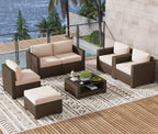 LOUVIXA 7 Piece Outdoor Patio Furniture Set, Rattan Chairs Glass Table Wicker Conversation Seating Sectional Sofa with Cushions (Brown-Camel, 7Pcs-2 Layer Coffee Table)