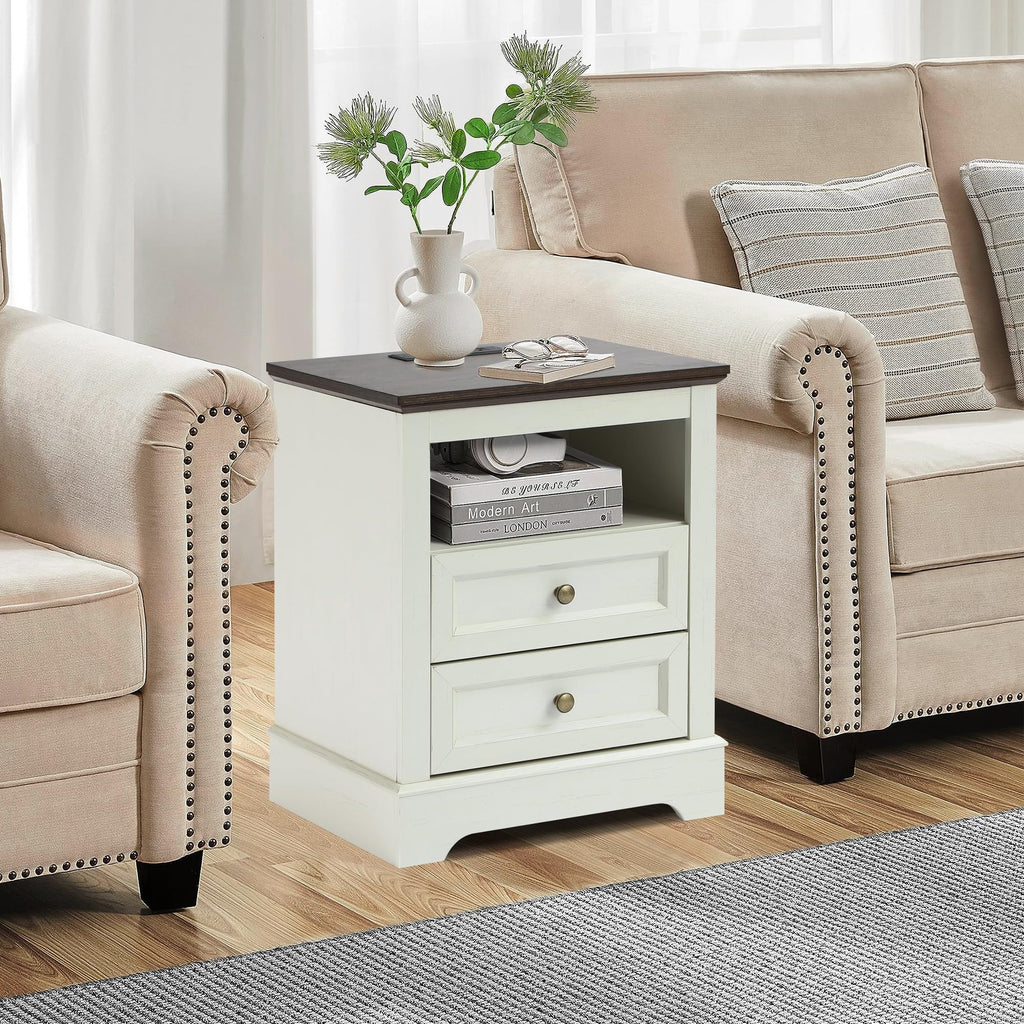 LOUVIXA Nightstand with Charging Station, Farmhouse Night Stand with 2 Drawers, Bedside Cabinet for Bedroom, End Table Side Table with Storage (1, White)