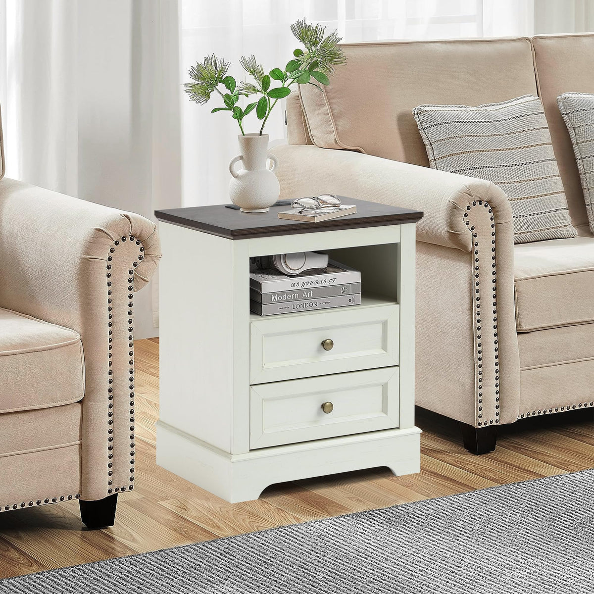 LOUVIXA Nightstand with Charging Station, Farmhouse Night Stand with 2 Drawers, Bedside Cabinet for Bedroom, End Table Side Table with Storage (1, White)