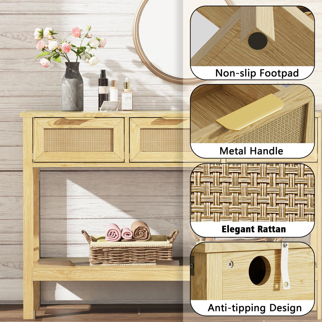 LOUVIXA Boho Entryway Table, Rattan Console Table, Wood Entryway Console, Long Hallway Table with 3 Drawers & Open Shelf for Living Room, Hallway, Corridor, Foyer (White)