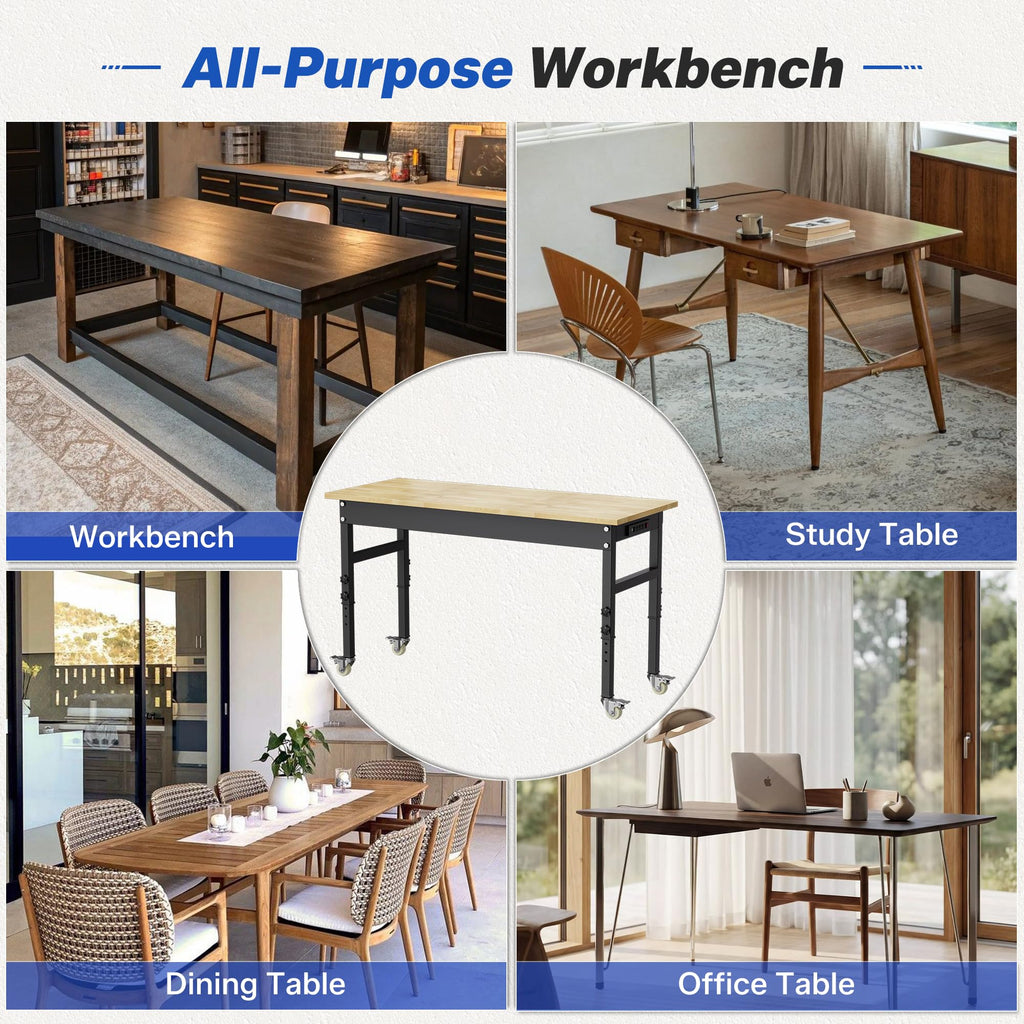 94.5" Heavy Duty Workbench, Height Adjustable Garage Work Table, Workstation Desk with Power Strip2, Workbench with Pegboard, 2000LBS Max Load