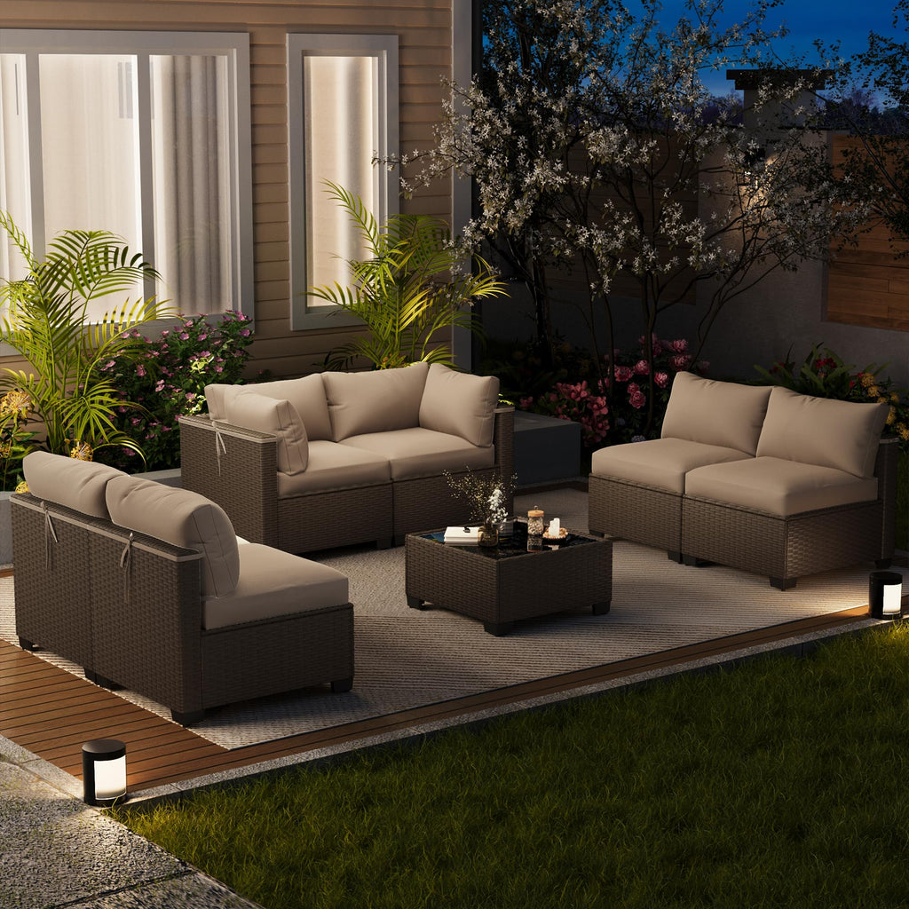 LOUVIXA 7 Piece Outdoor Patio Furniture Set, Rattan Chairs Glass Table Wicker Conversation Seating Sectional Sofa with Cushions (Brown-Camel, 7Pcs-2 Layer Coffee Table)