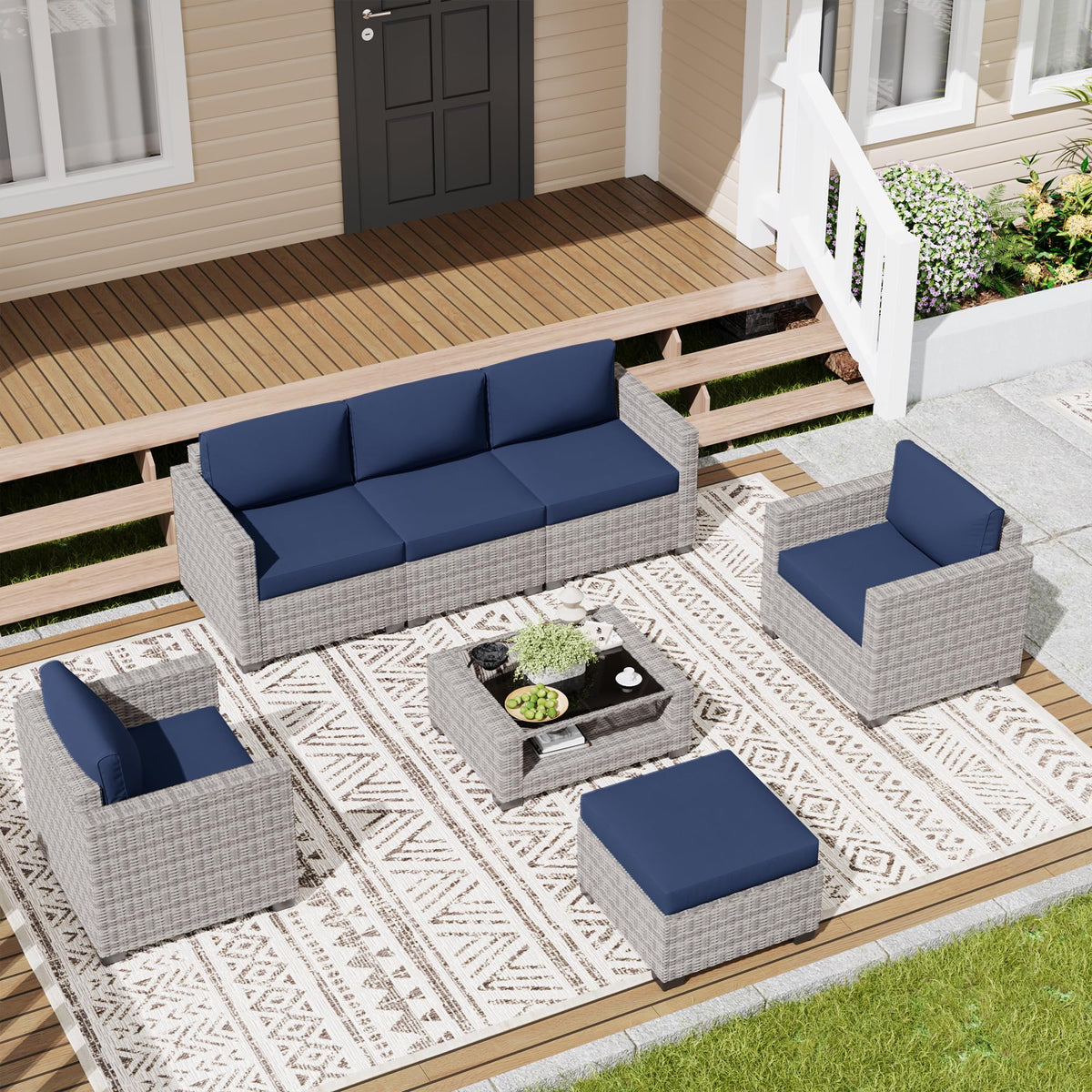 LOUVIXA 7 Piece Outdoor Patio Furniture Set, Rattan Chairs Glass Table Wicker Conversation Seating Sectional Sofa with Cushions (Brown-Camel, 7Pcs-2 Layer Coffee Table)