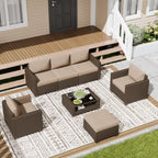 LOUVIXA 7 Piece Outdoor Patio Furniture Set, Rattan Chairs Glass Table Wicker Conversation Seating Sectional Sofa with Cushions (Brown-Camel, 7Pcs-2 Layer Coffee Table)
