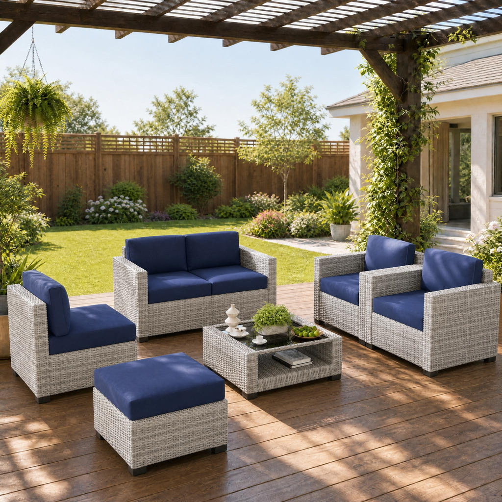 LOUVIXA 7 Piece Outdoor Patio Furniture Set, Rattan Chairs Glass Table Wicker Conversation Seating Sectional Sofa with Cushions (Brown-Camel, 7Pcs-2 Layer Coffee Table)