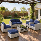 LOUVIXA 7 Piece Outdoor Patio Furniture Set, Rattan Chairs Glass Table Wicker Conversation Seating Sectional Sofa with Cushions (Brown-Camel, 7Pcs-2 Layer Coffee Table)