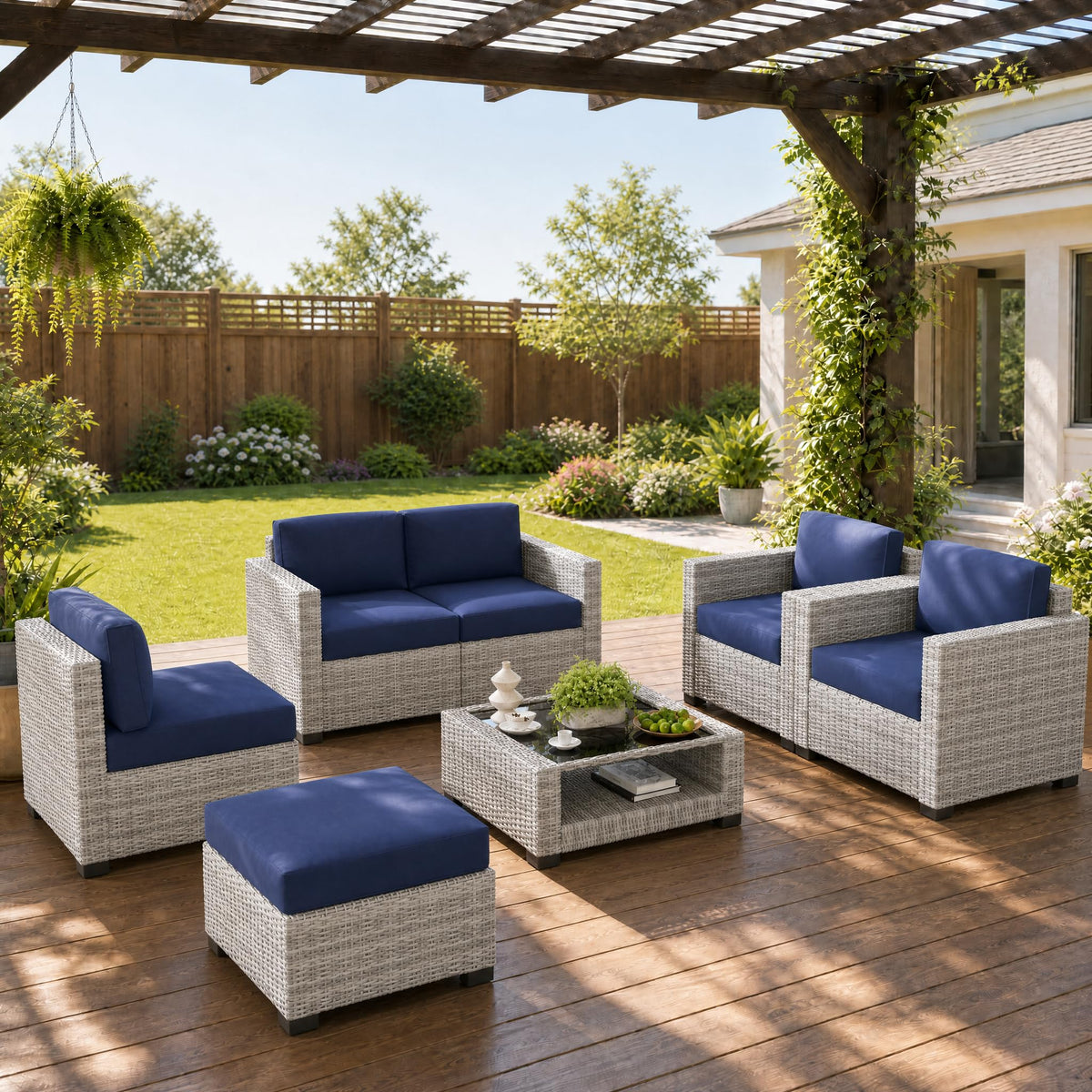 LOUVIXA 7 Piece Outdoor Patio Furniture Set, Rattan Chairs Glass Table Wicker Conversation Seating Sectional Sofa with Cushions (Brown-Camel, 7Pcs-2 Layer Coffee Table)