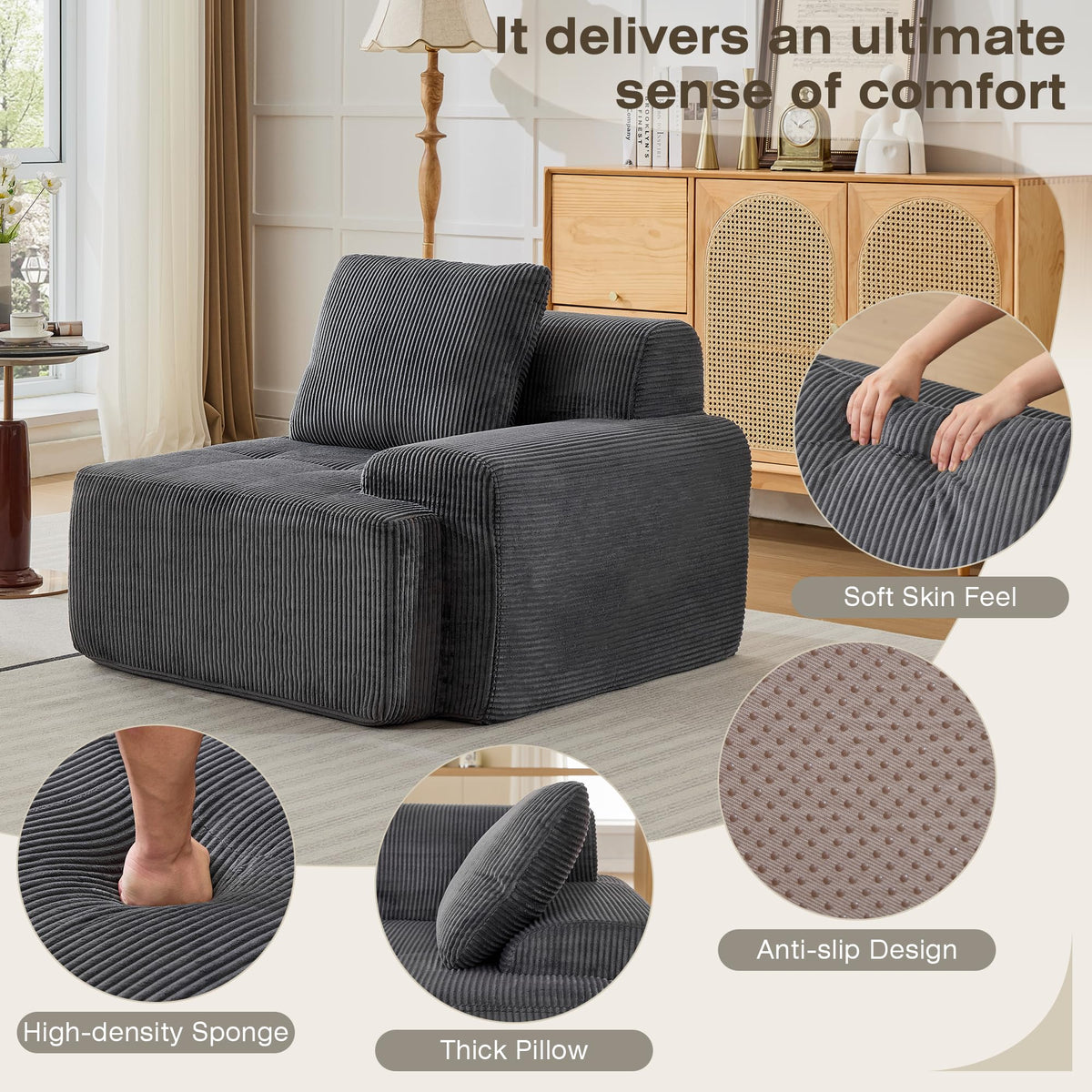 Modular Sectional Sofa, Boneless Couches for Living Room, Corduroy Couch, Big Comfy Couch, Modular Cloud Sofa with Deep Seat (Grey, 2 Pieces-Loveseat)