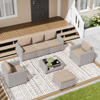 LOUVIXA 7 Piece Outdoor Patio Furniture Set, Rattan Chairs Glass Table Wicker Conversation Seating Sectional Sofa with Cushions (Brown-Camel, 7Pcs-2 Layer Coffee Table)