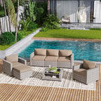 LOUVIXA 7 Piece Outdoor Patio Furniture Set, Rattan Chairs Glass Table Wicker Conversation Seating Sectional Sofa with Cushions (Brown-Camel, 7Pcs-2 Layer Coffee Table)