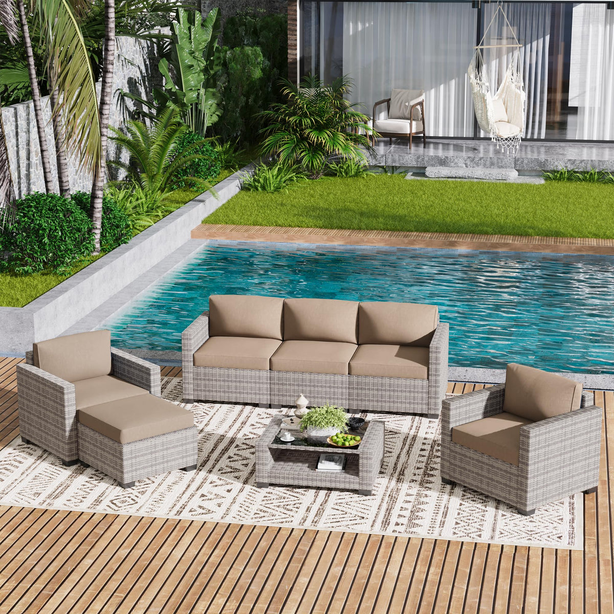 LOUVIXA 7 Piece Outdoor Patio Furniture Set, Rattan Chairs Glass Table Wicker Conversation Seating Sectional Sofa with Cushions (Brown-Camel, 7Pcs-2 Layer Coffee Table)