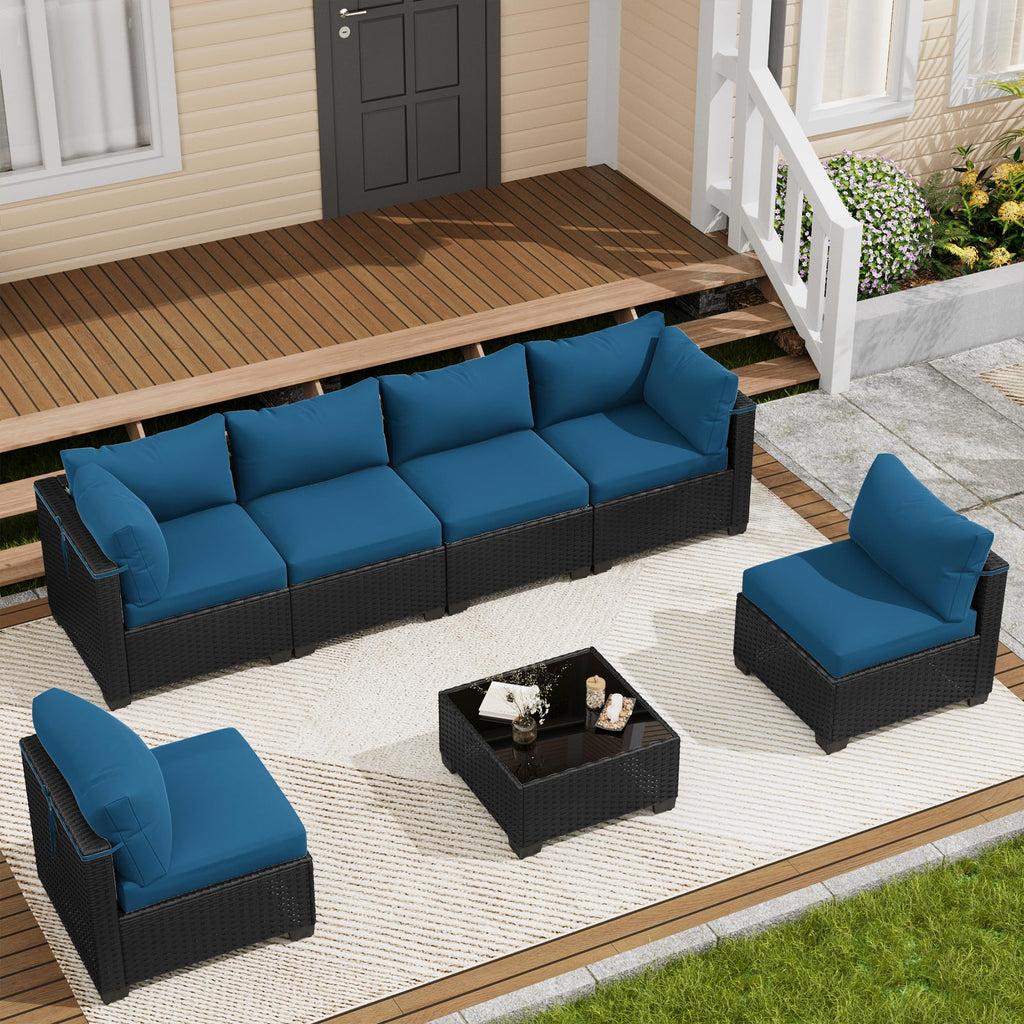 LOUVIXA 7 Piece Outdoor Patio Furniture Set, Rattan Chairs Glass Table Wicker Conversation Seating Sectional Sofa with Cushions (Brown-Camel, 7Pcs-2 Layer Coffee Table)