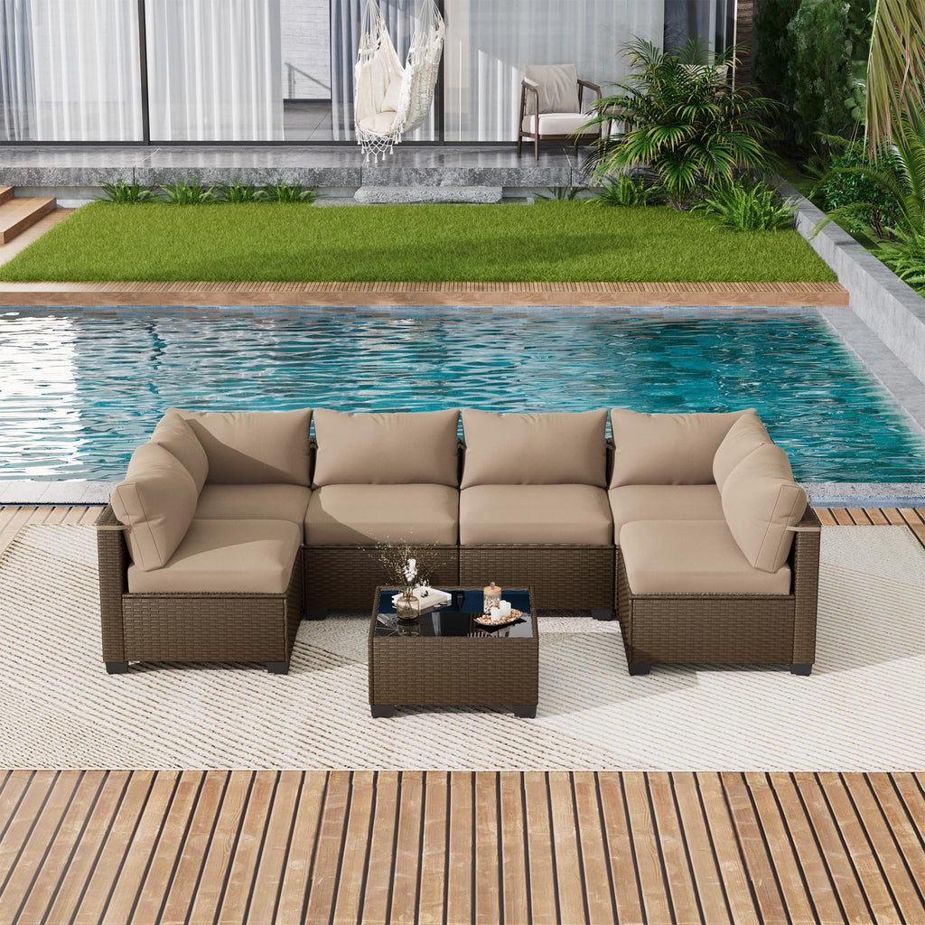 LOUVIXA 7 Piece Outdoor Patio Furniture Set, Rattan Chairs Glass Table Wicker Conversation Seating Sectional Sofa with Cushions (Brown-Camel, 7Pcs-2 Layer Coffee Table)