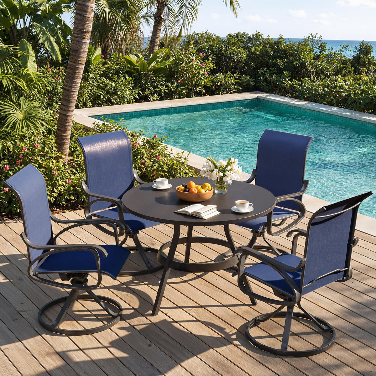 LOUVIXA Patio Swivel Chair Set of 8, All-Weather Patio Swivel Rocking Chair, High Back Patio Dining Chairs for Backyard, Porch, Lawn, Garden(8, Navy Blue)