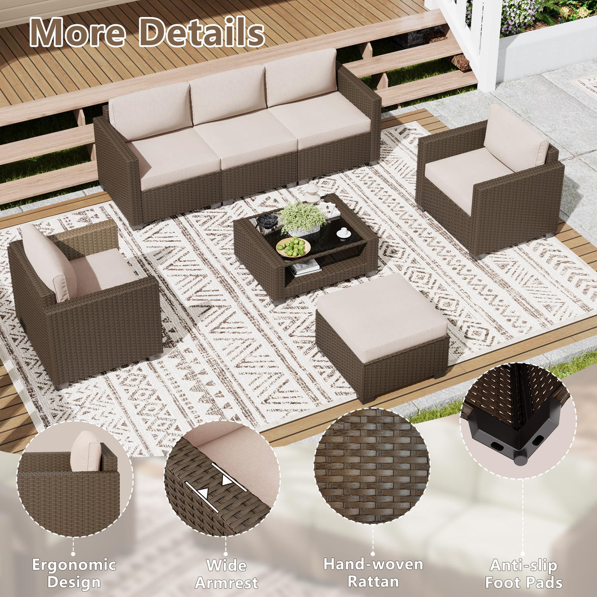 LOUVIXA 7 Piece Outdoor Patio Furniture Set, Rattan Chairs Glass Table Wicker Conversation Seating Sectional Sofa with Cushions (Brown-Camel, 7Pcs-2 Layer Coffee Table)