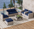 LOUVIXA 7 Piece Outdoor Patio Furniture Set, Rattan Chairs Glass Table Wicker Conversation Seating Sectional Sofa with Cushions (Brown-Camel, 7Pcs-2 Layer Coffee Table)