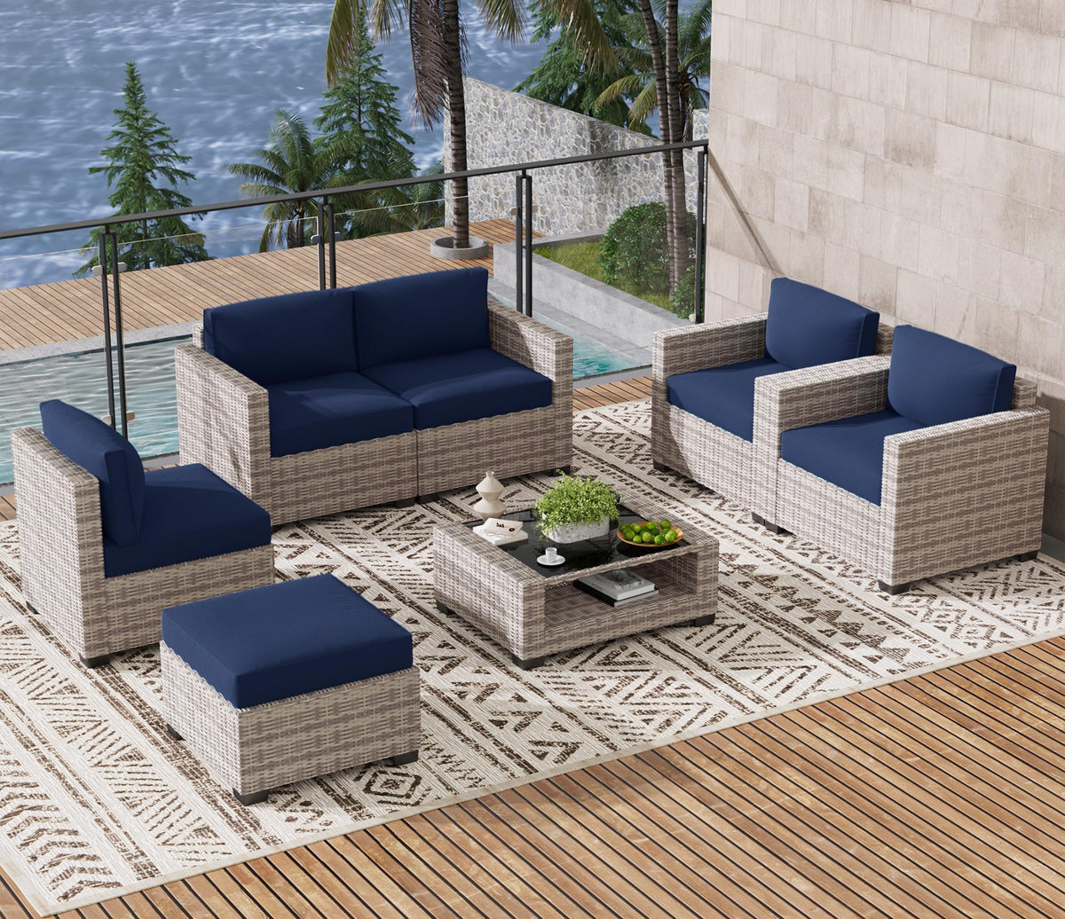 LOUVIXA 7 Piece Outdoor Patio Furniture Set, Rattan Chairs Glass Table Wicker Conversation Seating Sectional Sofa with Cushions (Brown-Camel, 7Pcs-2 Layer Coffee Table)