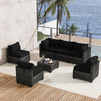 LOUVIXA 7 Piece Outdoor Patio Furniture Set, Rattan Chairs Glass Table Wicker Conversation Seating Sectional Sofa with Cushions (Brown-Camel, 7Pcs-2 Layer Coffee Table)