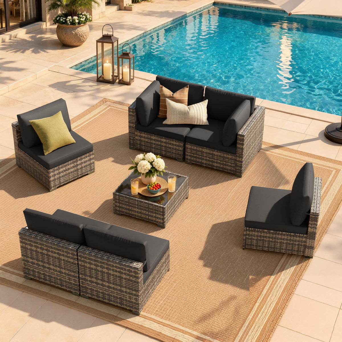 LOUVIXA 7 Piece Outdoor Patio Furniture Set, Rattan Chairs Glass Table Wicker Conversation Seating Sectional Sofa with Cushions (Brown-Camel, 7Pcs-2 Layer Coffee Table)
