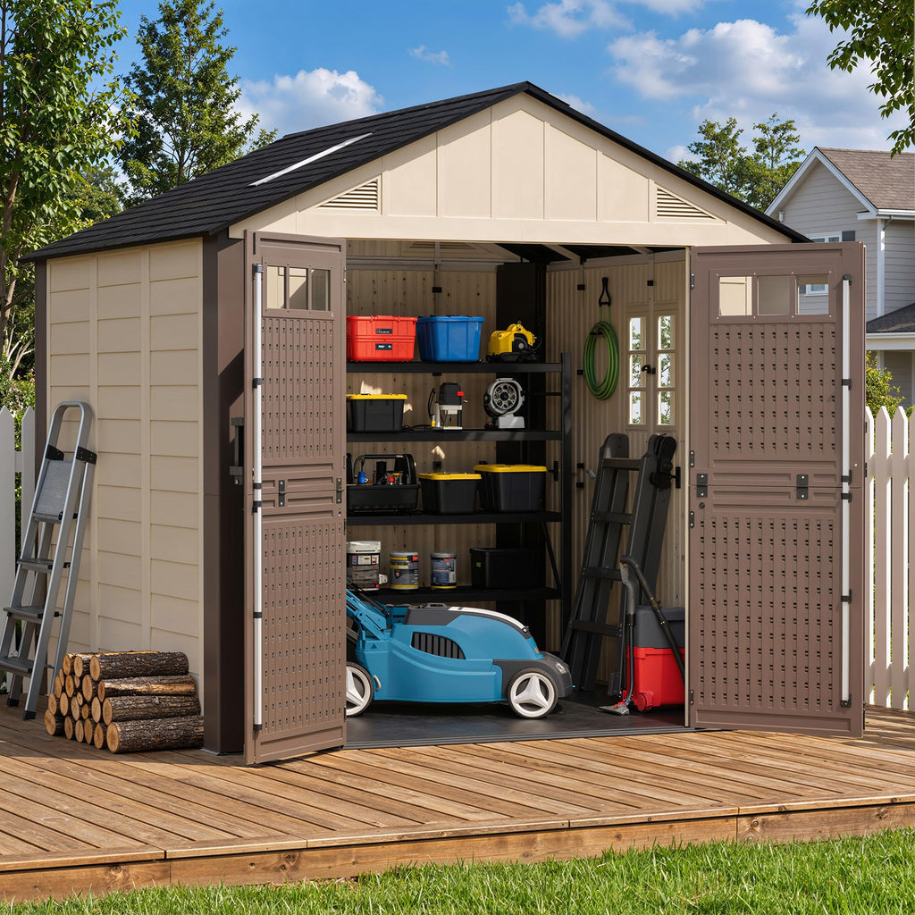 8x6 Resin Shed with Floor, Plastic Storage Shed with Window, Outside Storage Sheds with Lockable Door, Vents for Backyard, Garden, Lawn (8FTx6FT)