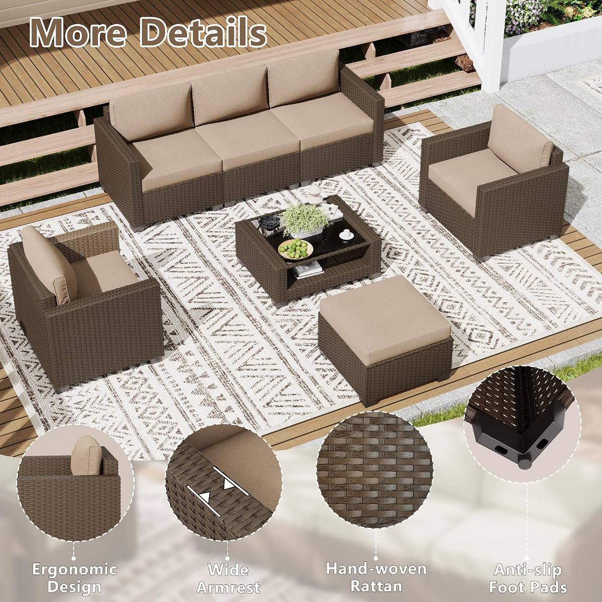 LOUVIXA 7 Piece Outdoor Patio Furniture Set, Rattan Chairs Glass Table Wicker Conversation Seating Sectional Sofa with Cushions (Brown-Camel, 7Pcs-2 Layer Coffee Table)
