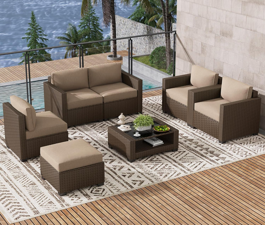 LOUVIXA 7 Piece Outdoor Patio Furniture Set, Rattan Chairs Glass Table Wicker Conversation Seating Sectional Sofa with Cushions (Brown-Camel, 7Pcs-2 Layer Coffee Table)