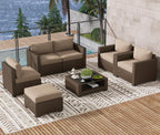 LOUVIXA 7 Piece Outdoor Patio Furniture Set, Rattan Chairs Glass Table Wicker Conversation Seating Sectional Sofa with Cushions (Brown-Camel, 7Pcs-2 Layer Coffee Table)