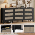 LOUVIXA Rattan Chest of Dressers, Wooden Drawer Dresser, 9 Drawers Rattan Dresser for Bedroom, Living Room, Hallway (Black, 9 Drawers)