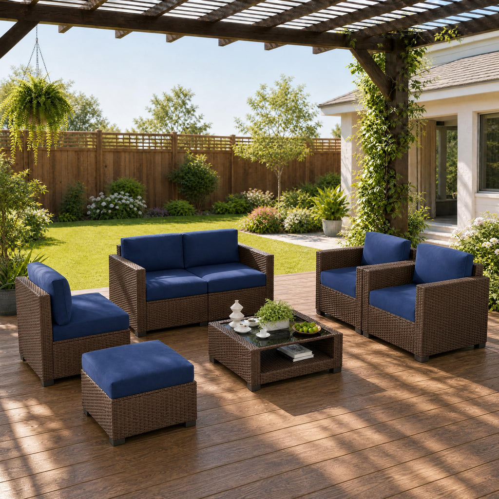 LOUVIXA 7 Piece Outdoor Patio Furniture Set, Rattan Chairs Glass Table Wicker Conversation Seating Sectional Sofa with Cushions (Brown-Camel, 7Pcs-2 Layer Coffee Table)