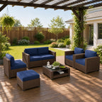 LOUVIXA 7 Piece Outdoor Patio Furniture Set, Rattan Chairs Glass Table Wicker Conversation Seating Sectional Sofa with Cushions (Brown-Camel, 7Pcs-2 Layer Coffee Table)