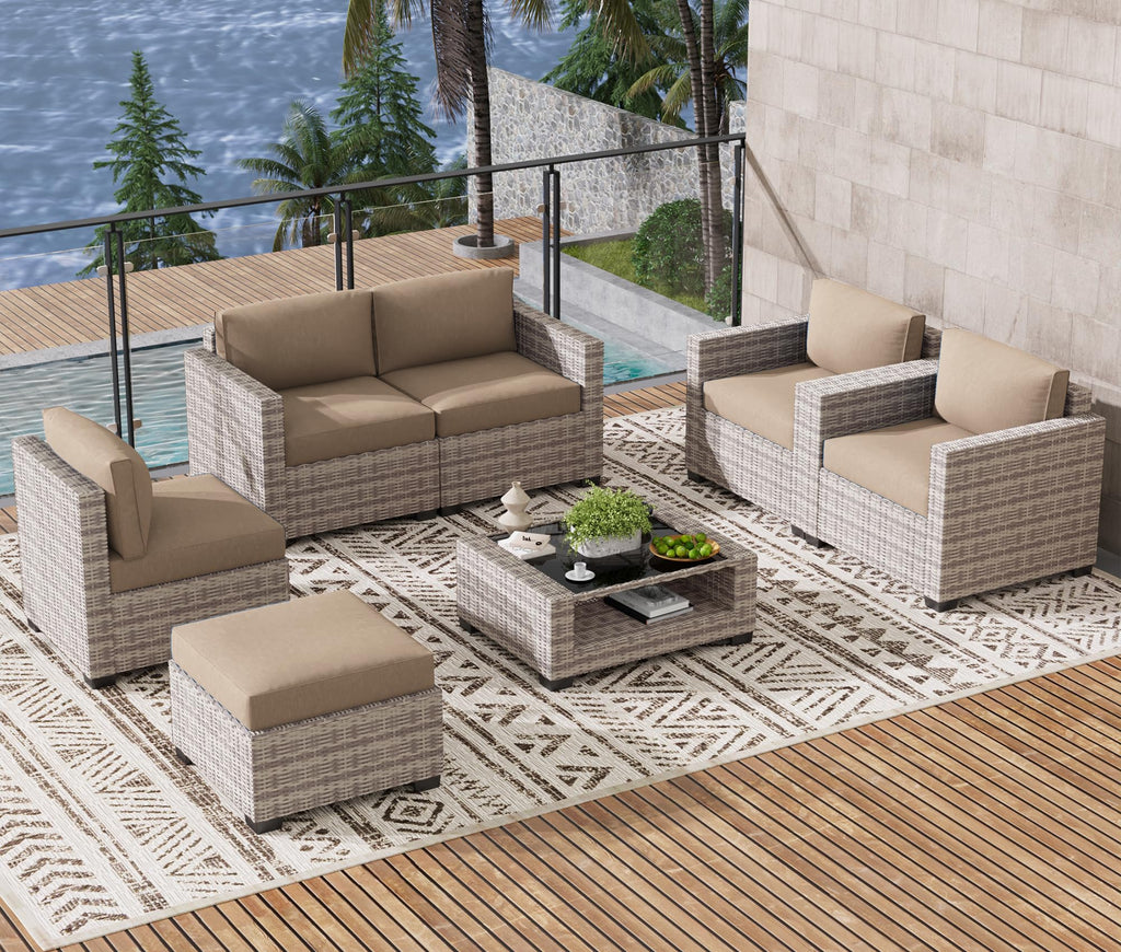 LOUVIXA 7 Piece Outdoor Patio Furniture Set, Rattan Chairs Glass Table Wicker Conversation Seating Sectional Sofa with Cushions (Brown-Camel, 7Pcs-2 Layer Coffee Table)