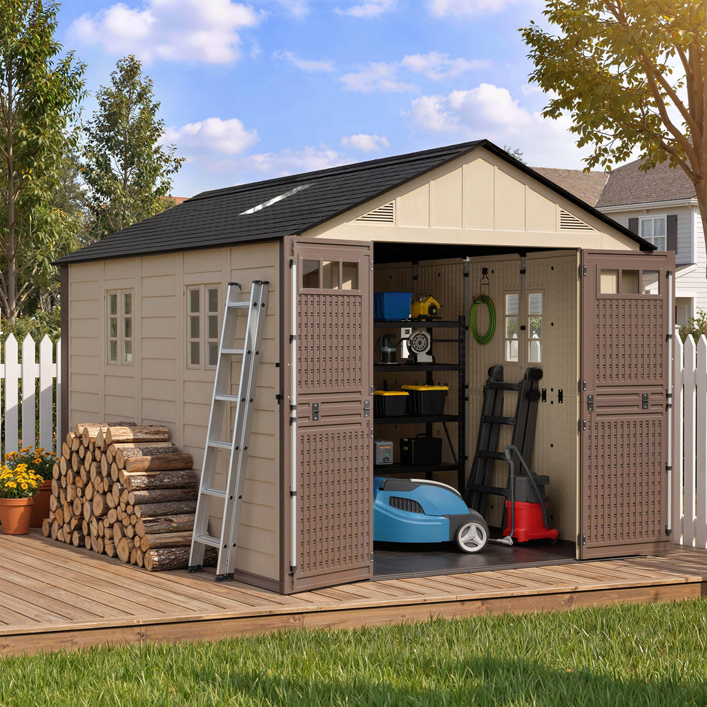 8x6 Resin Shed with Floor, Plastic Storage Shed with Window, Outside Storage Sheds with Lockable Door, Vents for Backyard, Garden, Lawn (8FTx6FT)