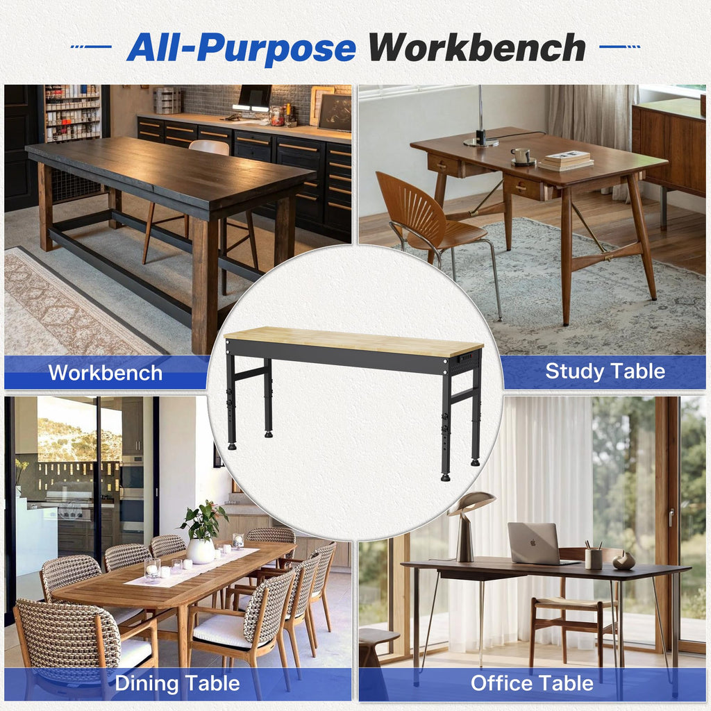 94.5" Heavy Duty Workbench, Height Adjustable Garage Work Table, Workstation Desk with Power Strip2, Workbench with Pegboard, 2000LBS Max Load