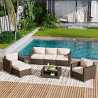 LOUVIXA 7 Piece Outdoor Patio Furniture Set, Rattan Chairs Glass Table Wicker Conversation Seating Sectional Sofa with Cushions (Brown-Camel, 7Pcs-2 Layer Coffee Table)